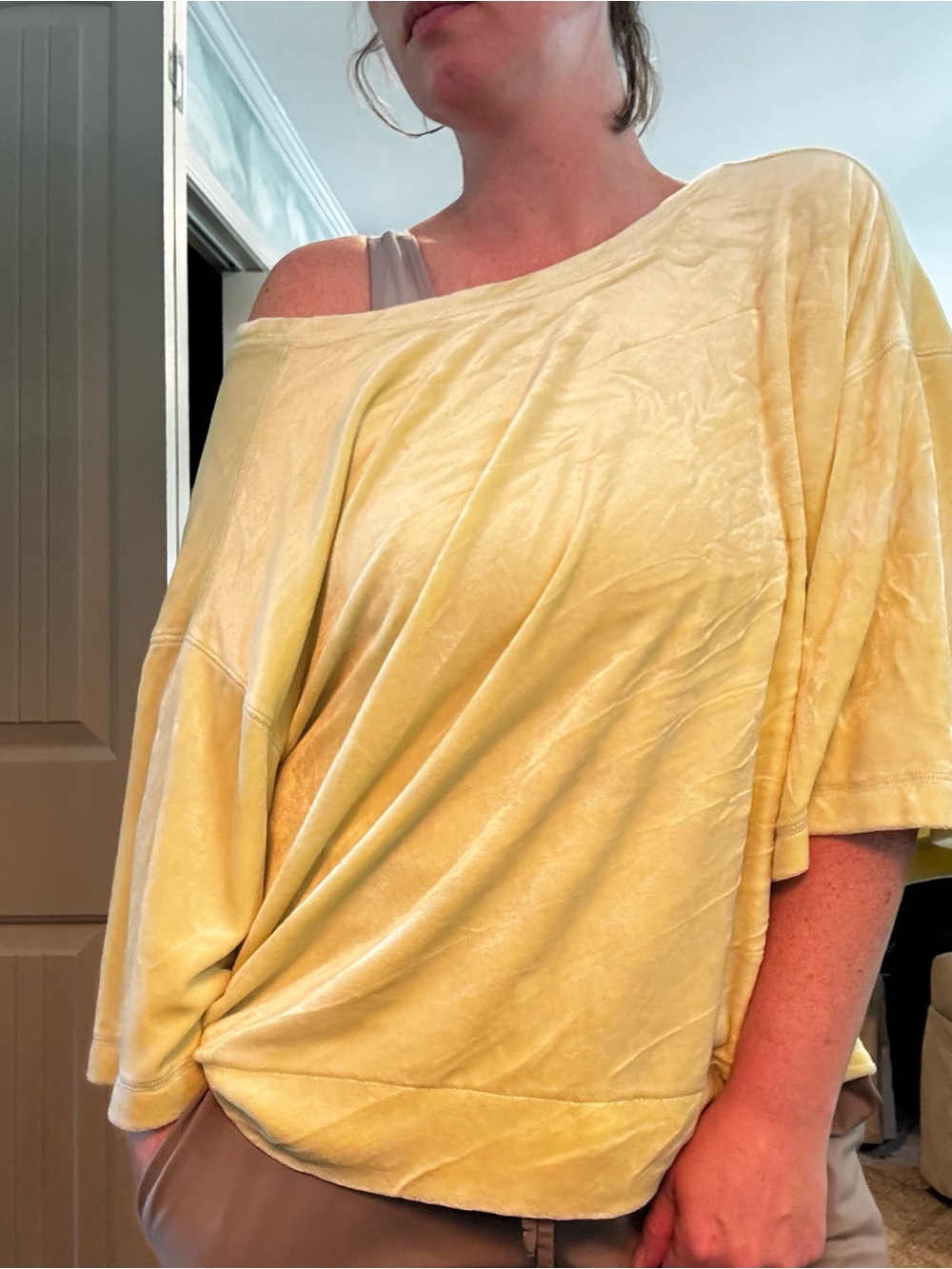 We The Free Pale Yellow Off-Shoulder Draped Velvet Top